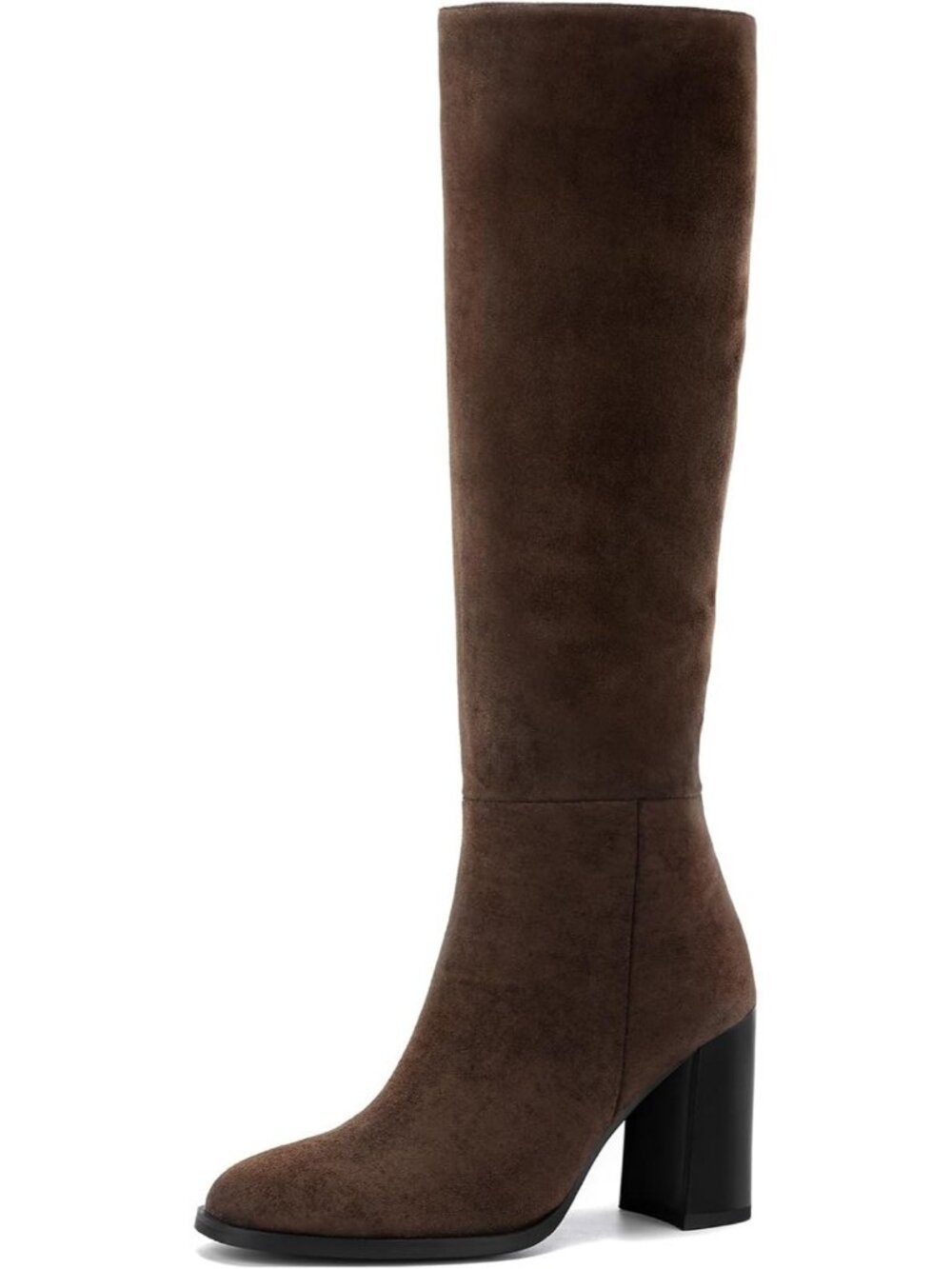 Women's Matte Brown Knee High Boots Round Toe Chunky Heel Tall Boots Side Zip